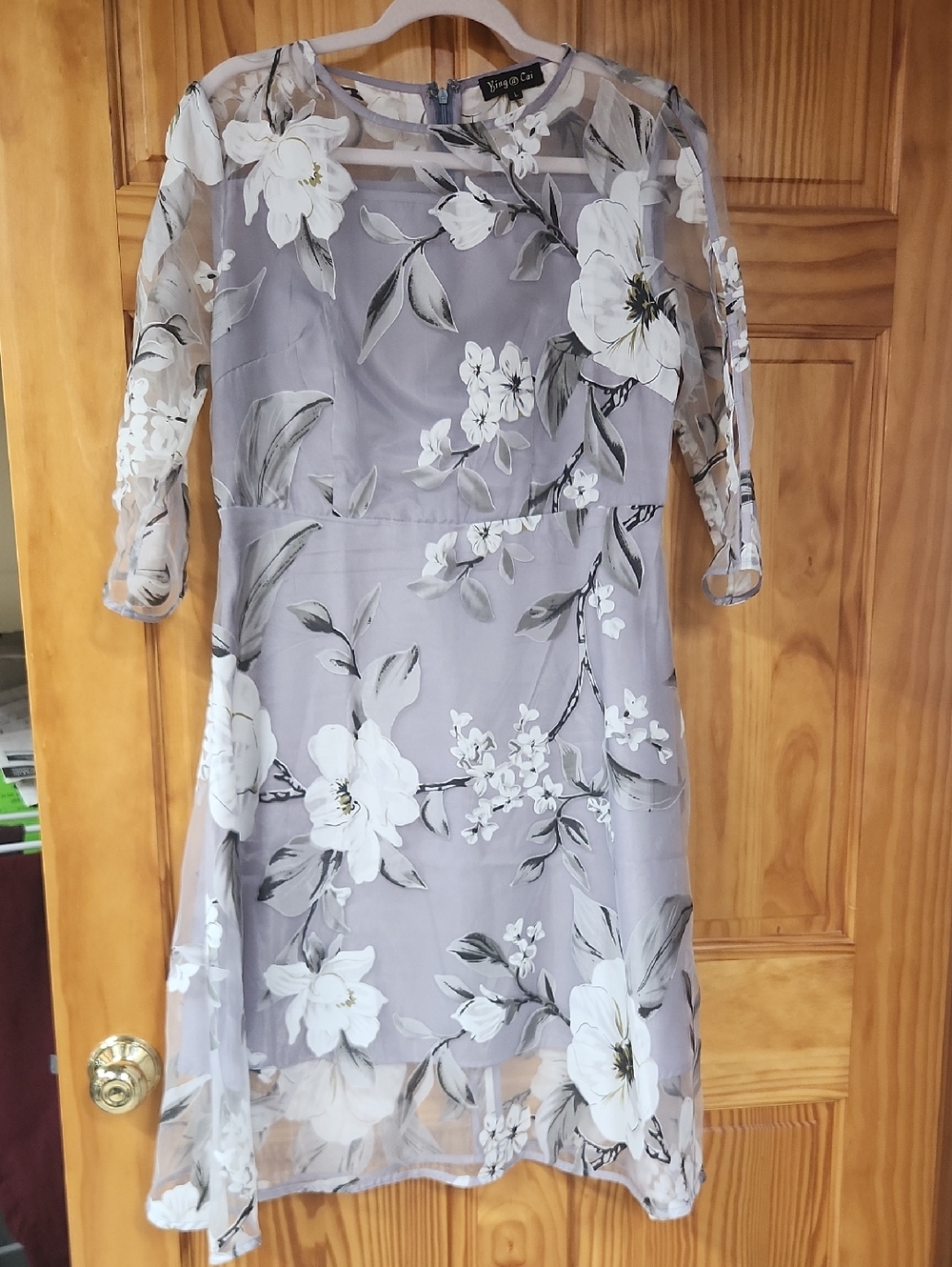 Grey Floral Midi Dress with Sheer Overlay